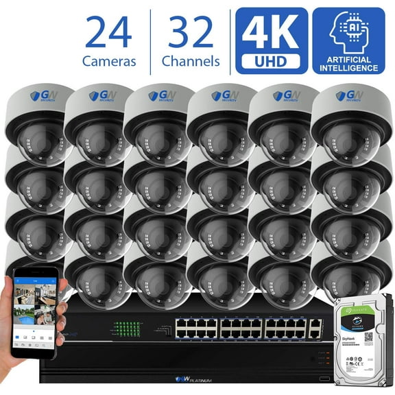 GW 32 Channel 4K NVR 8MP (3840x2160) H.265  Sony Starvis Starlight Smart AI Security Camera System - 24 x UltraHD 4K Human Detection PoE IP Dome Camera - 8MP (Two Times The Resolution of 4MP HD)