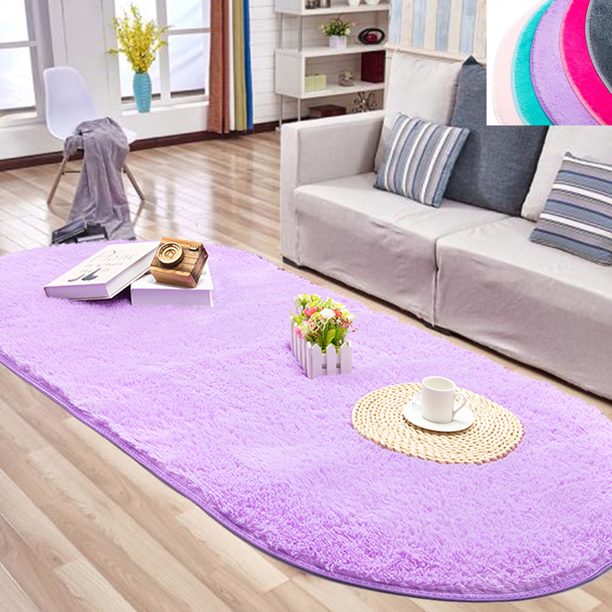 DODOING 31.4 x 64.9 inches Ultra Soft Fluffy Oval Area Rugs Shaggy Living Room Rug Solid Color Non-Slip Bedroom Bedside Rug Runners, Purple