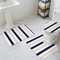 thumbnail image 3 of Navy Blue Khaki Striped Bathroom Rugs Set Modern Non Slip Absorbent Soft Bath Mats 3 Piece Set with Bathroom Rug, U-Shaped Floor Mat, Toilet Seat Cover Large Size, 3 of 9