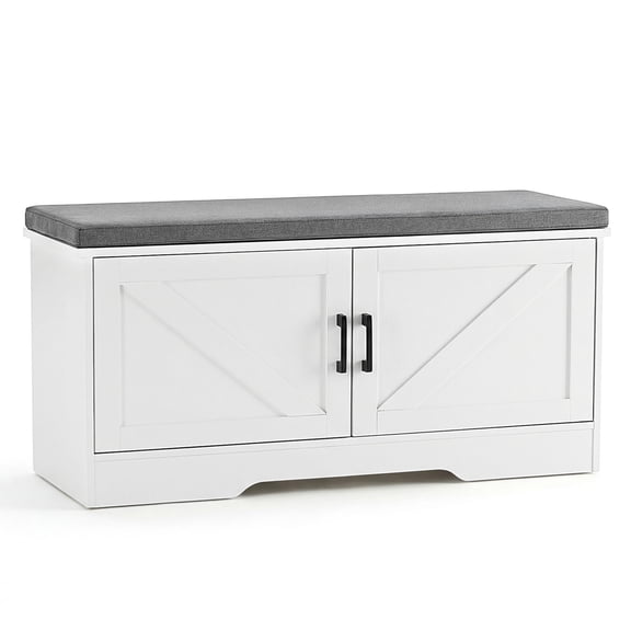 CONCETTA 39 Inch Width White Storage Bench, Padded Seat Entryway Shoe Bench Featuring 4 Barn Doors and Adjustable Storage Shelf