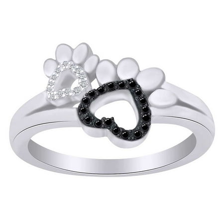 - Round Cut White & Black Diamond Paw Print Promise Ring In 14K White Gold Over Sterling Silver