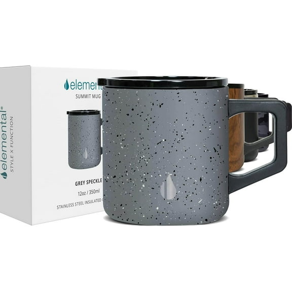 Elemental Summit Insulated Coffee Mug with Lid & Handle, Lightweight Camp Mug, Triple Wall Stainless Steel Vacuum Insulated Mug, Hot and Cold Thermal Coffee Tumbler, 12oz - Grey Speckle