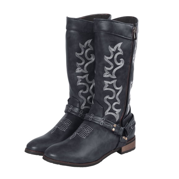 Chenyee Women's Buckle Strap Wide Calf Cowboy Boots Casual Leather Block Low Heel Knee High Riding Booties