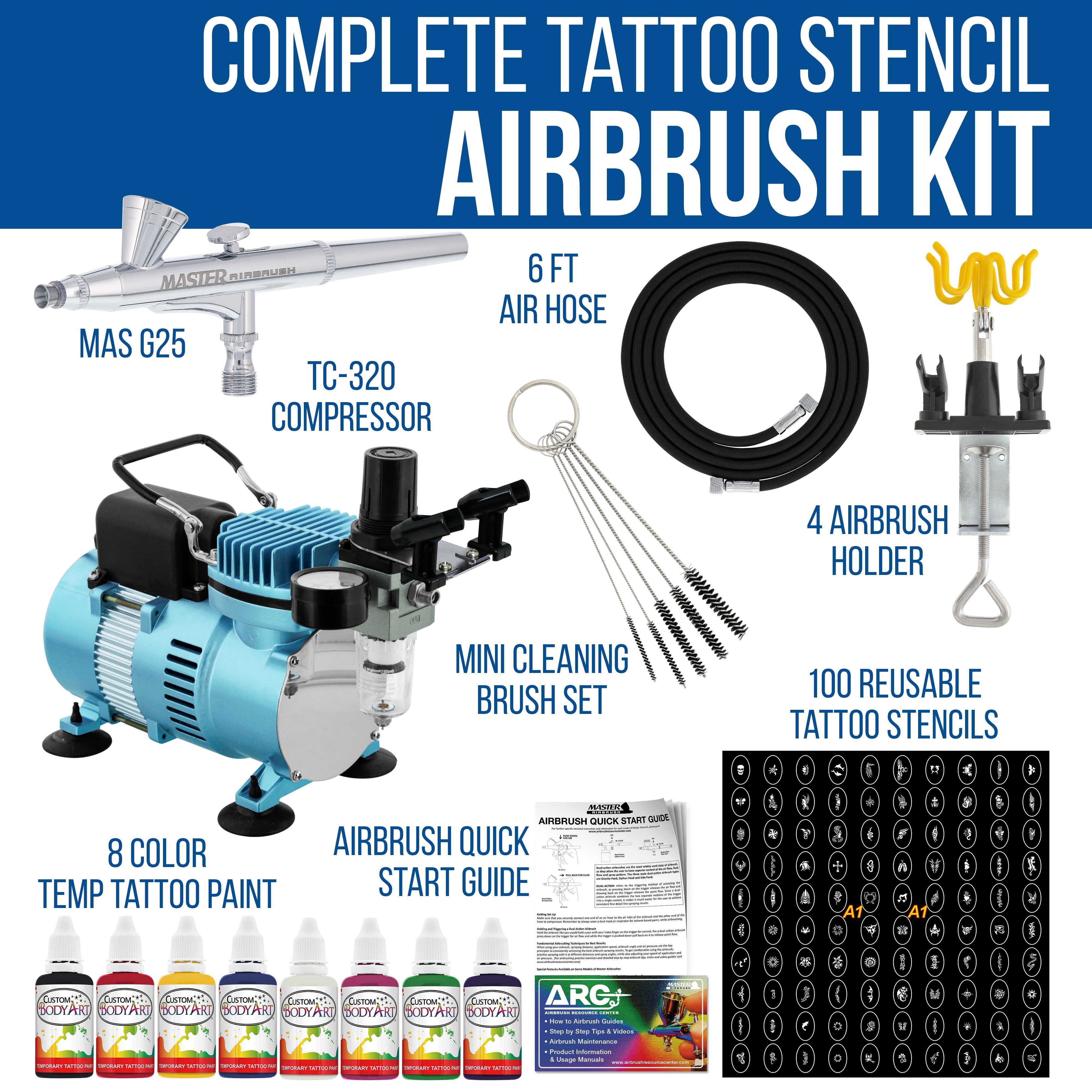 Master Airbrush Cool Runner II Dual Fan Air Compressor Custom Body Art System Kit with Gravity Feed Airbrush, 8 Color Temporary Tattoo Airbrush Paint Set, 100 Stencils, Reusable Self-Adhesive Designs