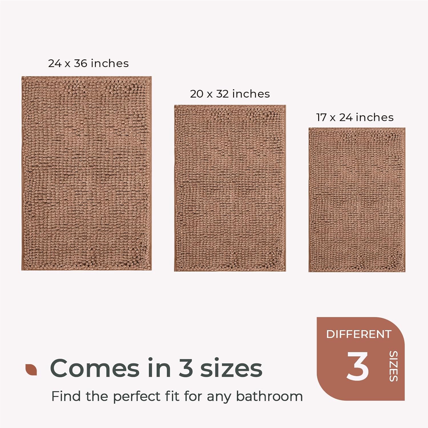 FRESHMINT Chenille Bath Rugs Extra Soft and Absorbent Microfiber Shag Rug, Non-Slip Runner Carpet for Tub Bathroom Shower Mat, Machine-Washable Durable Thick Area Rugs Caramel Heather, 32" x 20"
