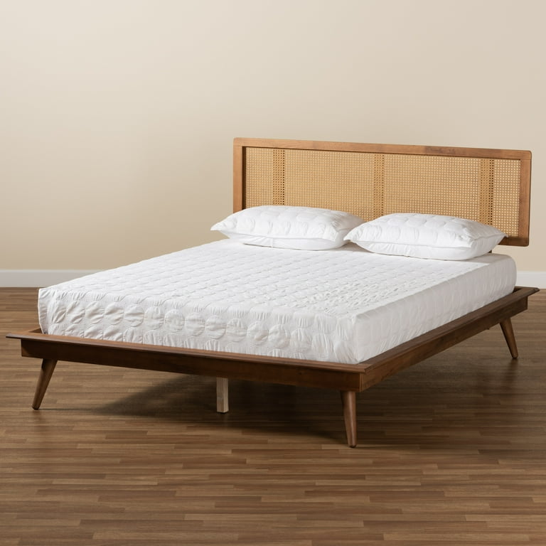 Baxton Studio Nura Mid-Century Modern Walnut Brown Finished Wood and Synthetic Rattan Queen Size Platform Bed Baxton Studio Nura Mid-Century Modern Walnut Brown Finished Wood and Synthetic Rattan Queen Size Platform Bed