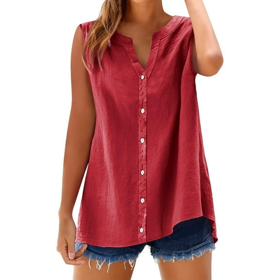 Lenpel Women's Tank Tops Summer Casual Loose V Neck Sleeveless Button down Cotton Linen Shirts Tunic Tee Blouses
