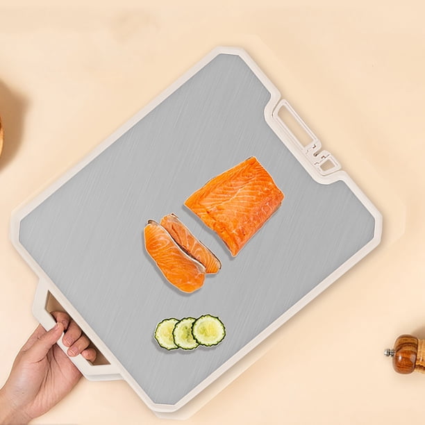 Tabla de cortar de doble cara de acero inoxidable | Diseño de pie | Superficie de esmerilado | Asa para colgar | Bordes gruesos y silenciosos | 447x320x17mm | Tablero de preparación de alimentos de
