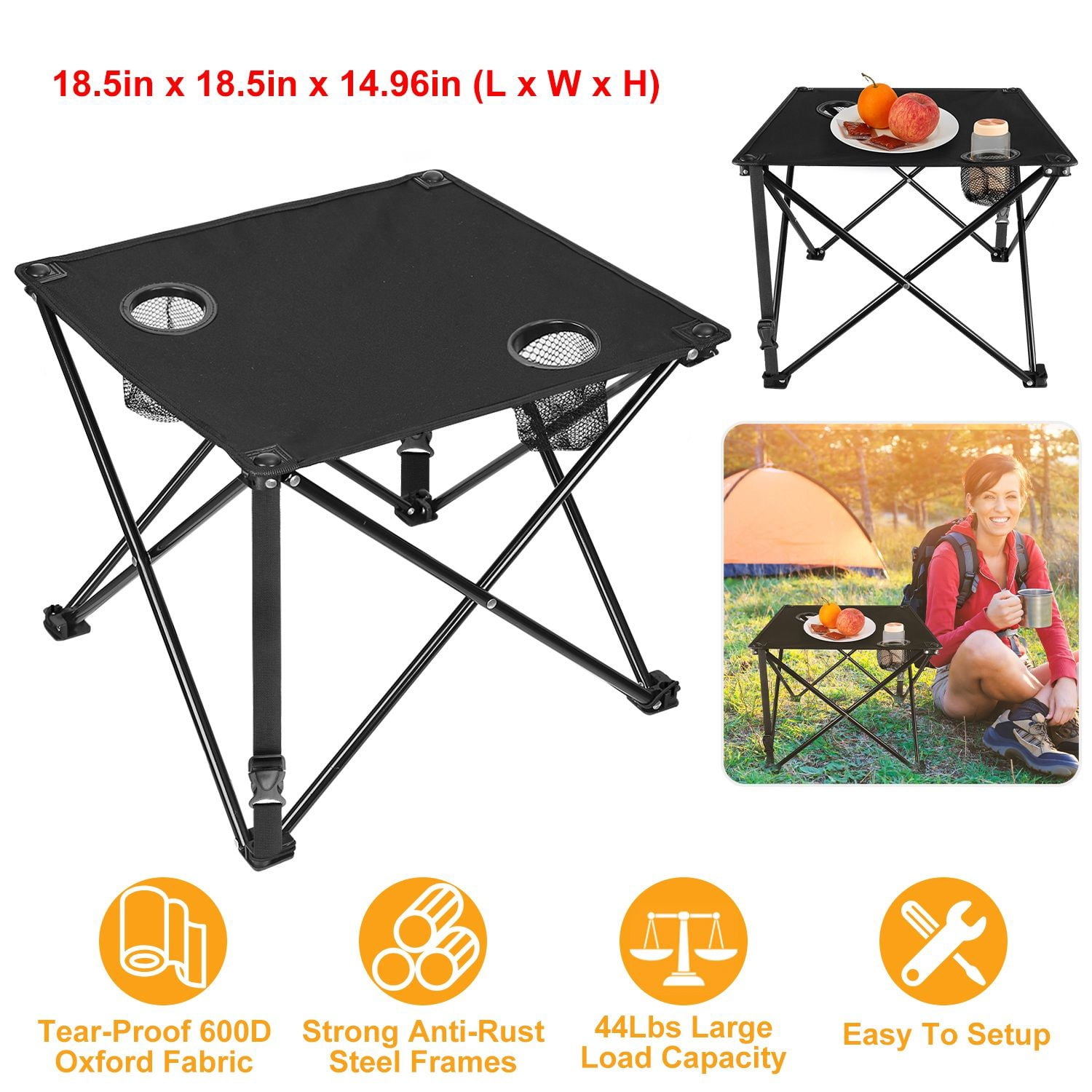 Foldable Camping Table Portable Picnic Table Lightweight Travel Desk with 2 Cup Holders Carrying Bag