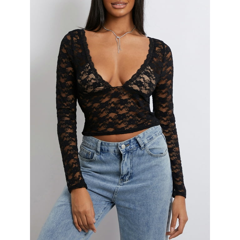 ★2023SS新作★WOOALONG★Slash see-through knit crop T-Shirt Women Lace Long Sleeve Shirt Top Y2K Slim Fit Crop Top Sexy