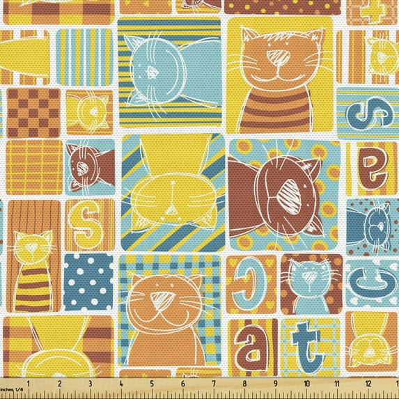 Colorful Fabric by the Yard Upholstery, Animals Theme Abstract Colorful Hand Drawn Cats Image Letter of Alphabet, Decorative Fabric for DIY and Home Accents, Multicolor by Ambesonne