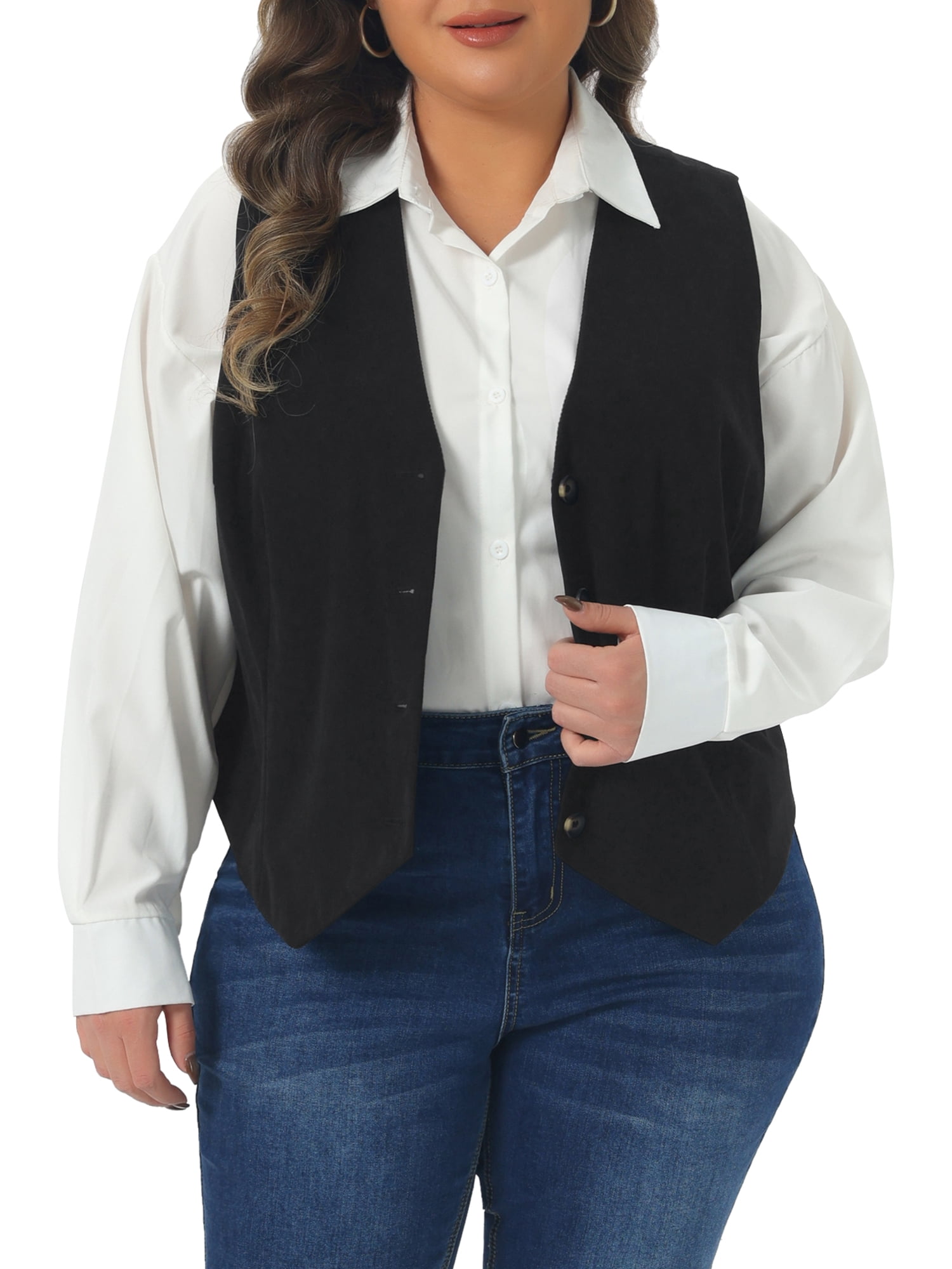 DARING DIVA Women's Plus Corduroy Lined V Neck Sleeveless Jacket 3X Black