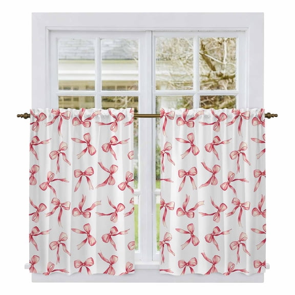Pink Bow Ribbon Tier Curtains, Vintage Modern Art Bowknot Light Filtering Kitchen Curtains, 2Pcs Rod Pocket Half Window Treatments Panels for Sink Cafe Cabinet Basement 27.5x45 Inches