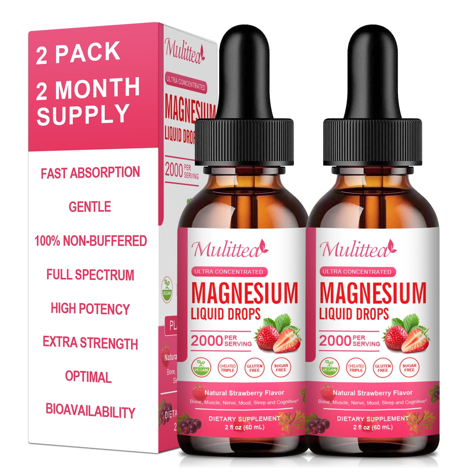 1000mg Magnesium Glycinate Liquid Drop with High Potency Magnesium 500 Glycinate & 500mg Citrate, Sugar Free, Strawberry Flavor，Pack of 2