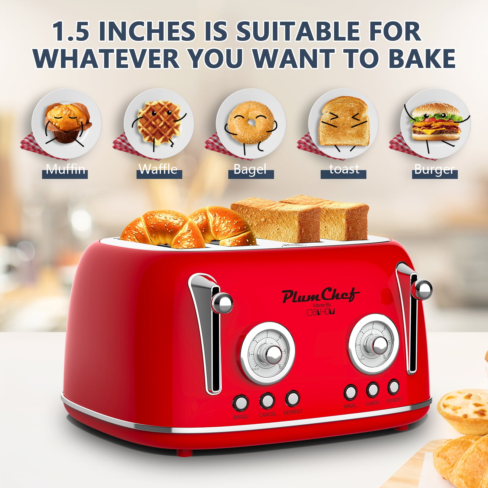 Retro Red 4-Slice Toaster, Dual Control, 6 Browning Levels, Bagel & Defrost Functions, Stainless Steel Housing, 1650W, Removable Crumb Tray