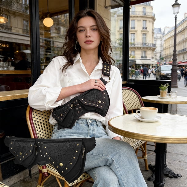 Cinturera steampunk de mujer bandolera, bolsa de cinturón cruzada de cuero P-U, mochila de cadera con tachuelas, remaches, riñonera vintage de moteros punk góticos para festival de viajes en moto