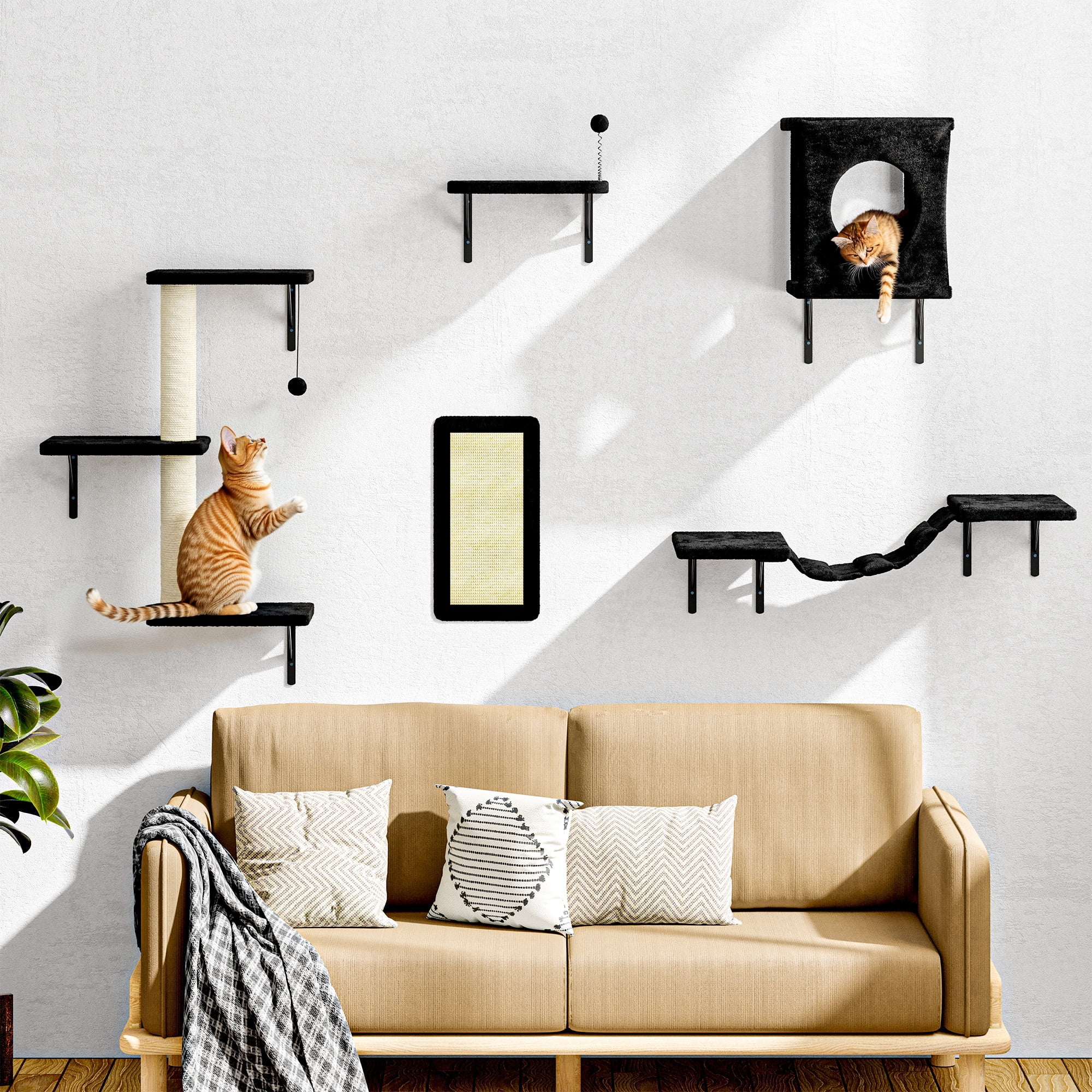 LHBCraft 5Pc Cat Wall Shelves Set, Black Wall-Mounted Cat Climber with Bridge & Perch