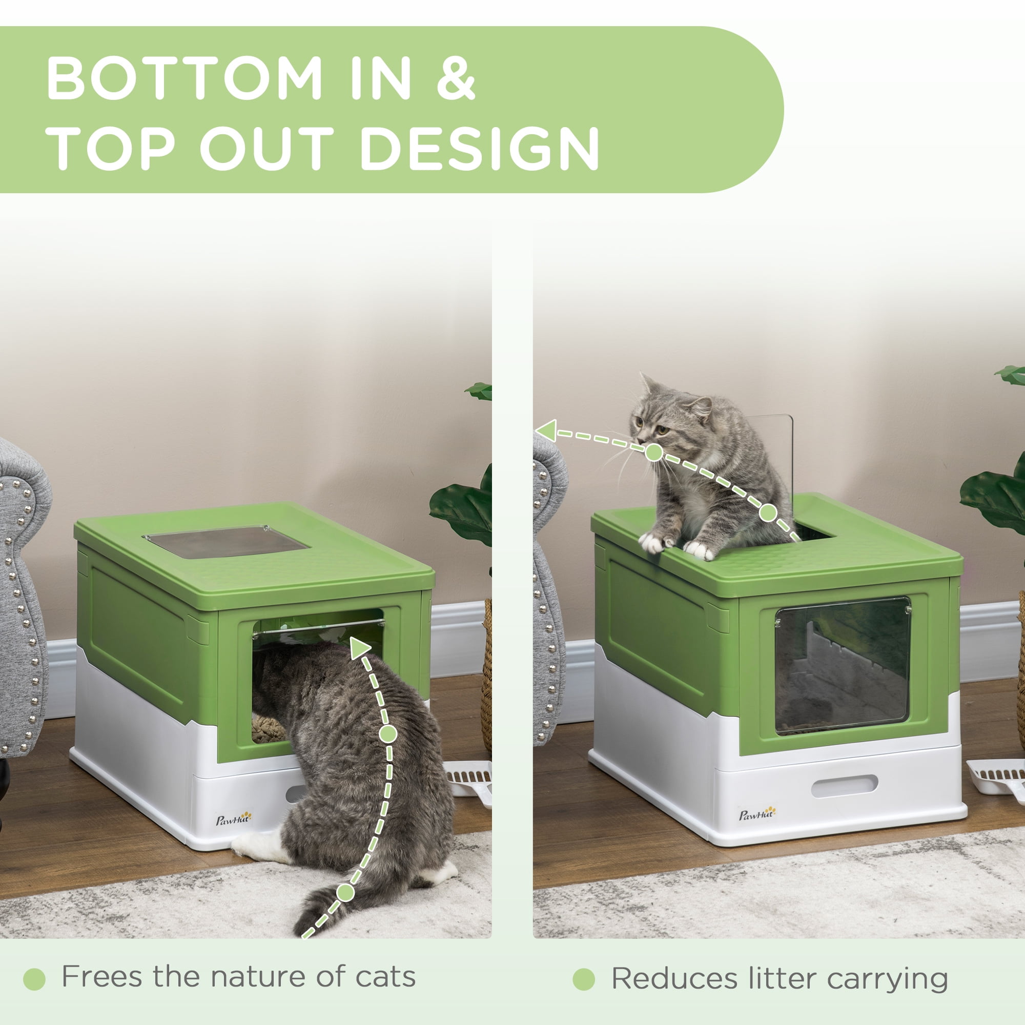 PawHut Fully Enclosed Cat Litter Box with Front Entry, Yellowish Green