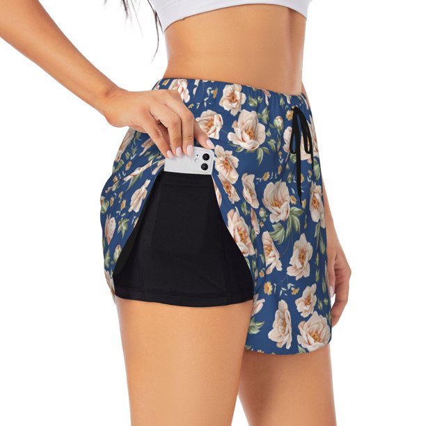 Balery Flower Pantalones cortos deportivos para mujer con forro y dos bolsillos, elásticos, para entrenamiento, gimnasio, yoga-Large