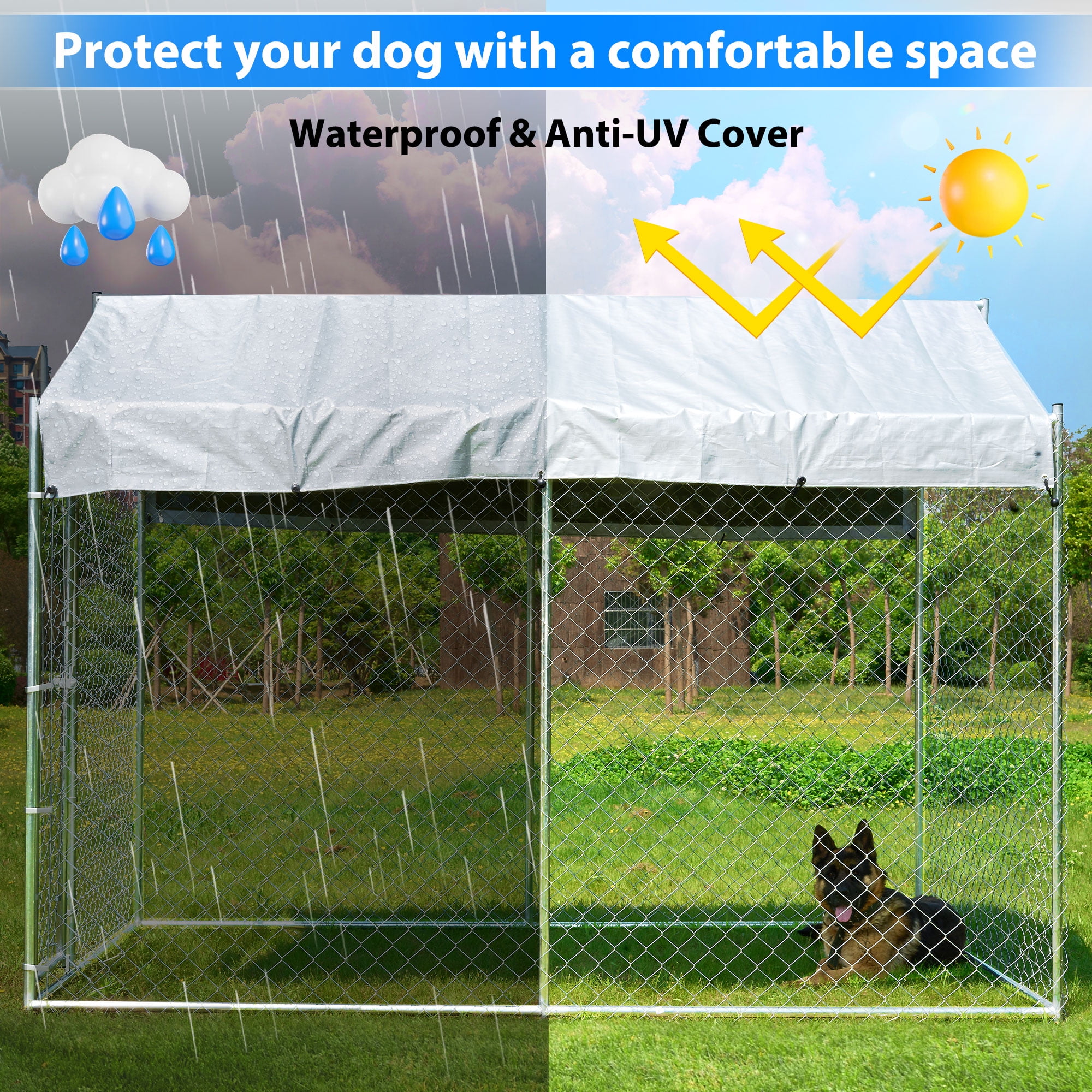 Heavy Duty Metal Outdoor Large Dog Kennel, Dog Pen With Waterproof And Secure Lock  6'L X 10'W X 7.6
