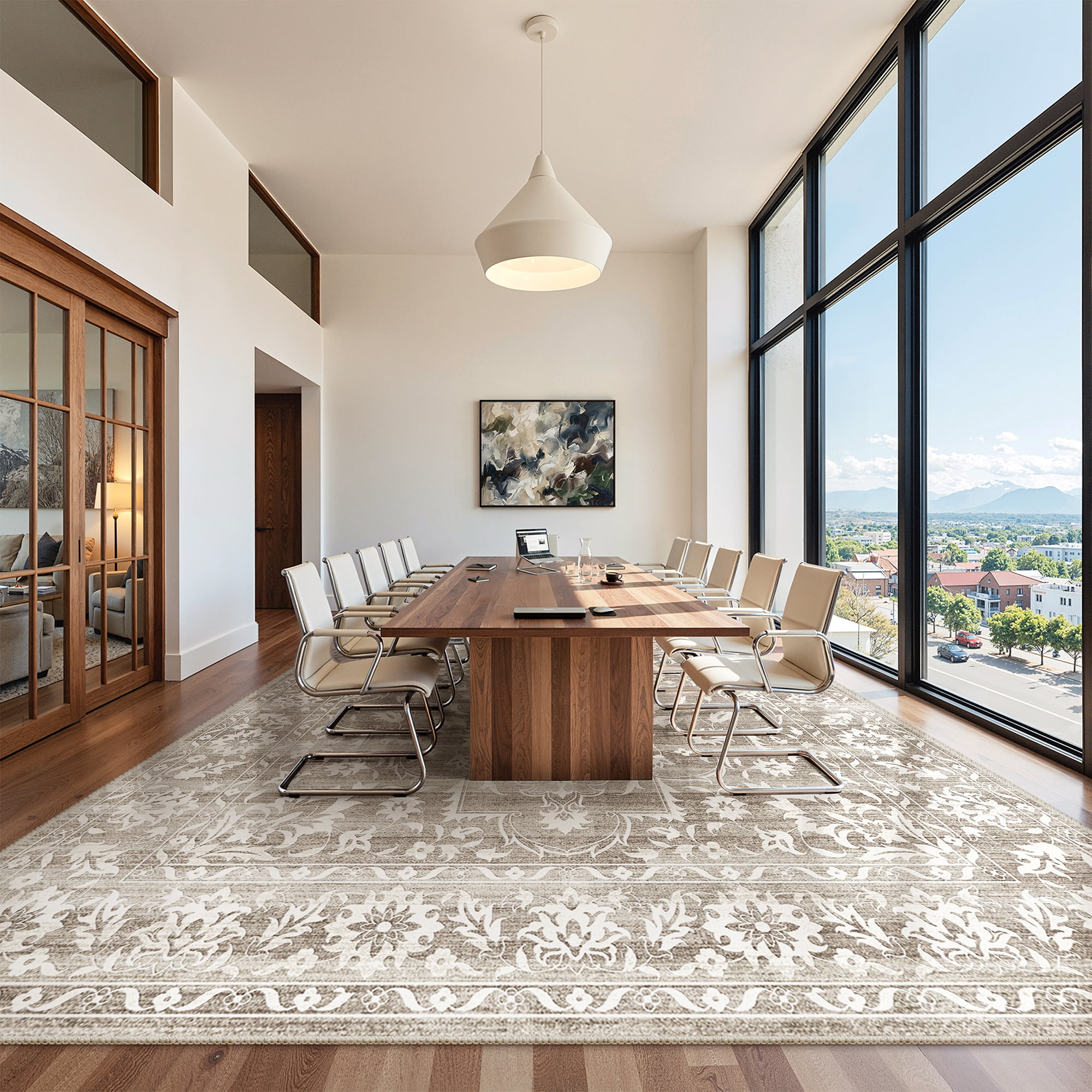 Roxstand 10x14 Area Rugs for Living Room, Stain Resistant Floral Vintage Washable Rugs, Non-Slip Thin Farmhouse Brown Rugs(10'x14', Brown)