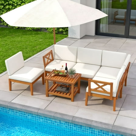 YYAo Patio Seating Sets,Outdoor Living Room Sets,6 Pieces Acacia Wood Patio Furniture Set with Cushions and 2-Tier Coffee Table-White