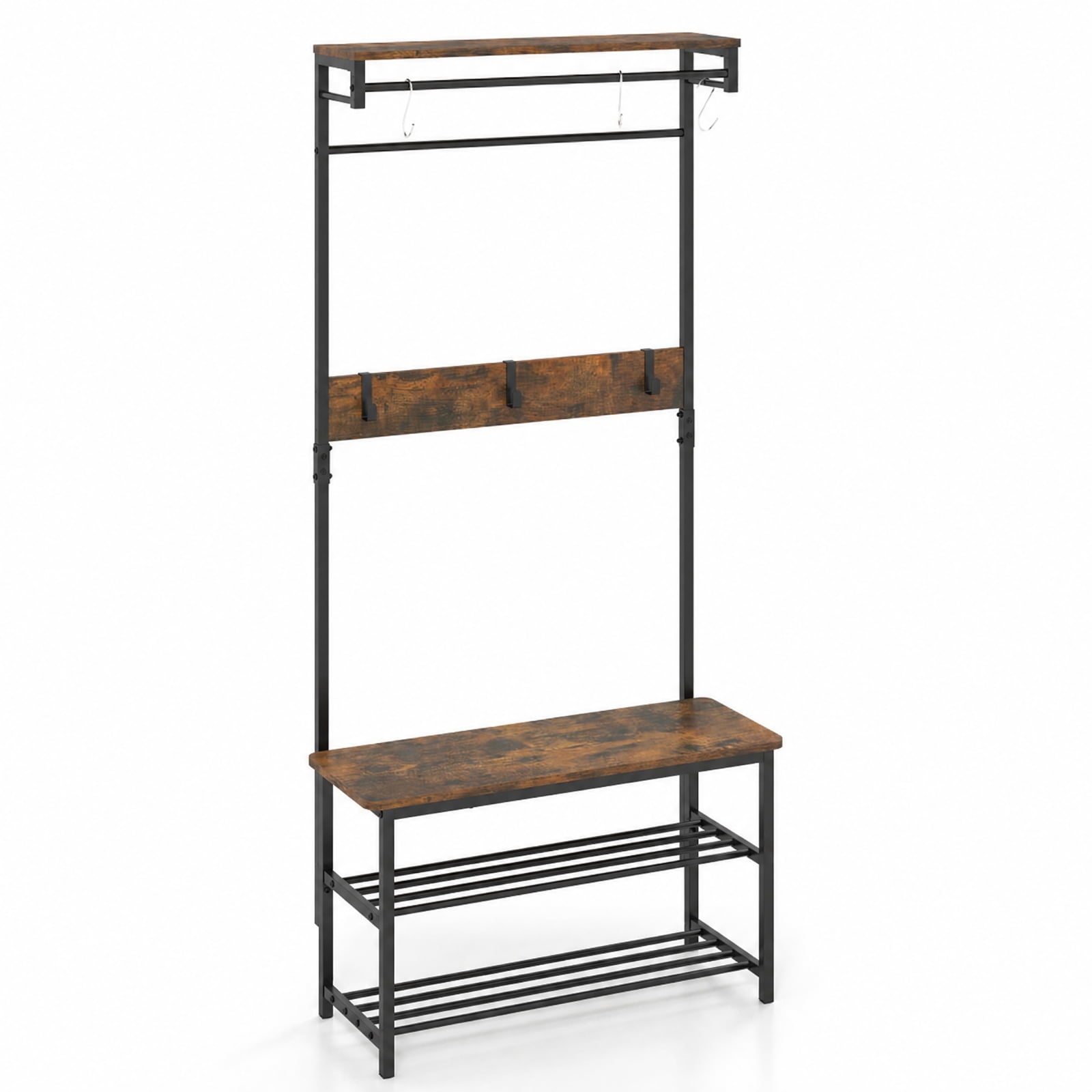 Furnibear 4 in 1 Hall Tree Coat Rack with Shoe Bench and Removable Hooks and Hanging Rod for Entryway and Bedroom, Rustic Brown