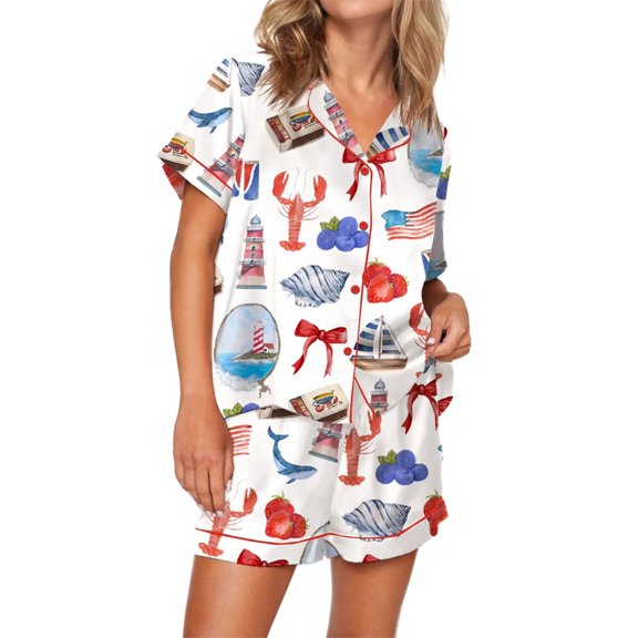 Michellecmm  Women's Satin Pajama Set, Ocean Print Short Sleeve Tops Shorts