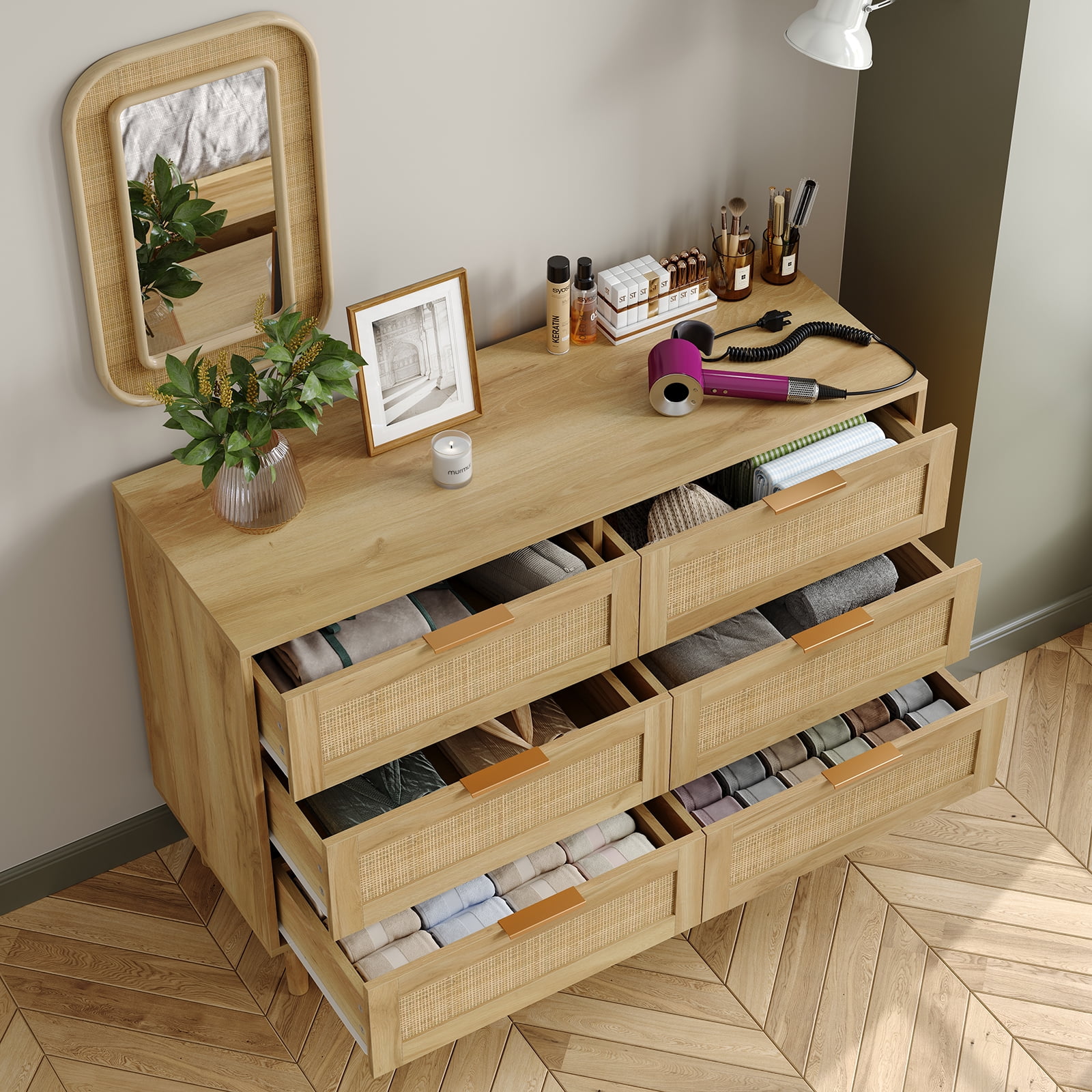 Furnihold Rattan Dresser for Bedroom Natural Wood Dresser 6 Drawer Dresser for Closet Beside Table for Bedroom, Living Room