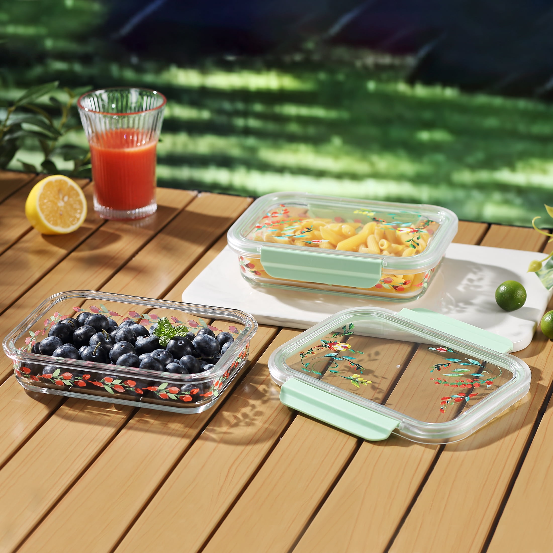 The Pioneer Woman Painted Meadow 2.3 Cup Rectangle Glass Food Storage Containers with Tritan Lid. Set of 2, 4 Pieces