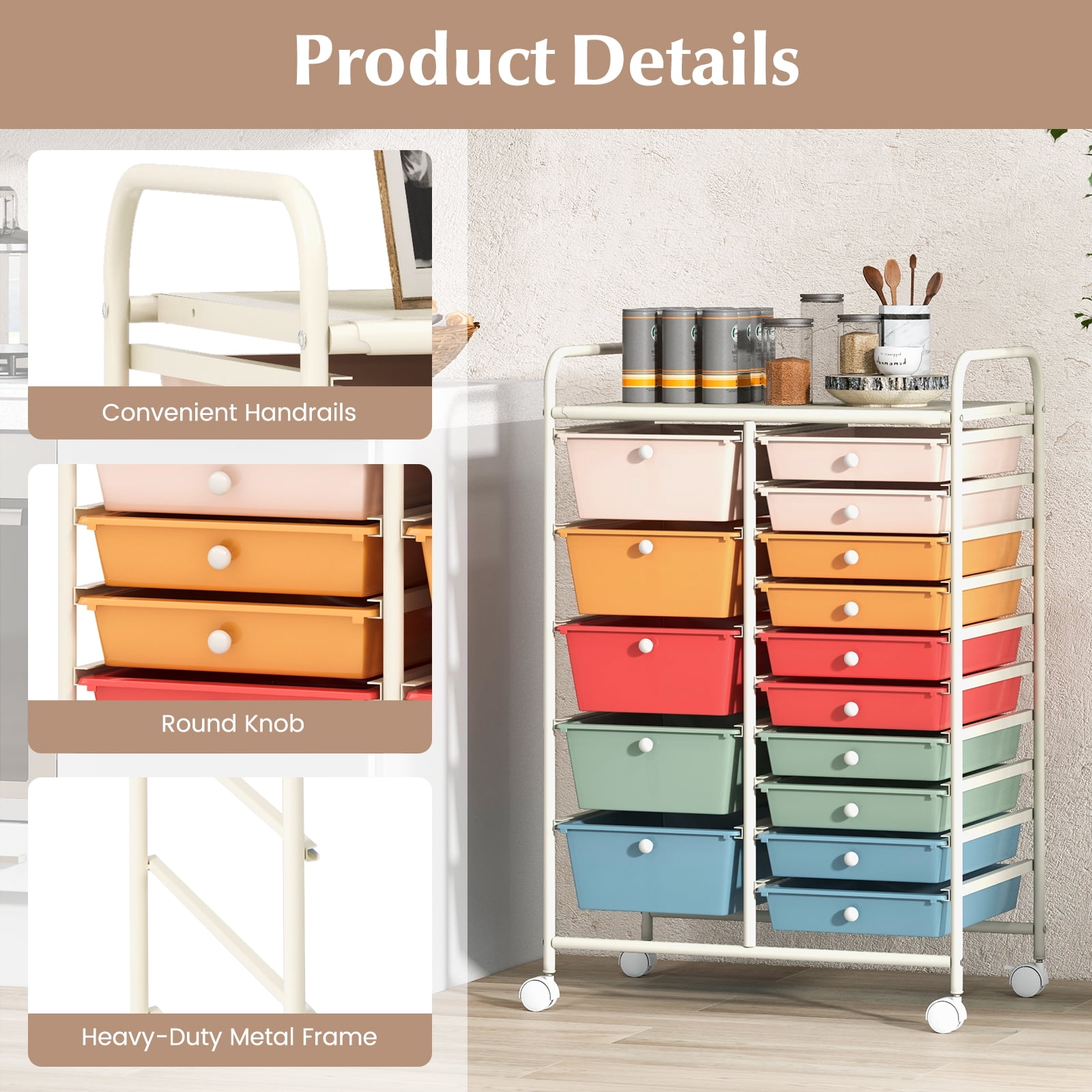 Costway 15 Drawer Art & Craft Rolling Storage Cart Tools Scrapbook Paper Office School Organizer Macaron