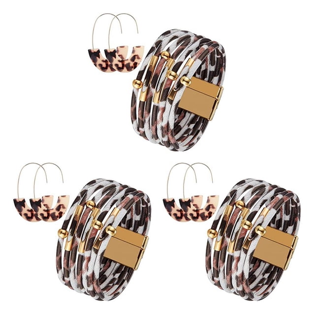 Minnieouse Pulseras Pendientes Estampado de leopardo Colgante multicapa Joyería de moda Regalos para el día de la madre Decoración perfecta rojo marrón 3Conjunto