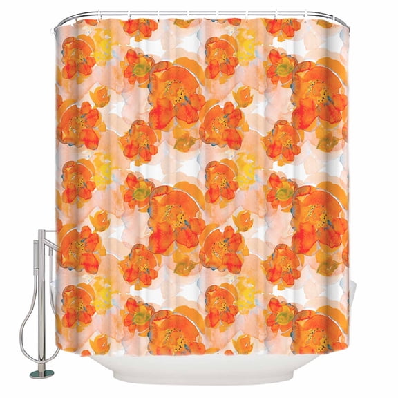 Fabric Shower Curtain, Watercolor Hand Drawn Orange Flowers Shower Curtains with 12 Hooks Waterproof Machine Washable Bath Curtains for Bathroom,48x 72in