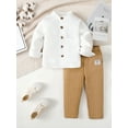 thumbnail image 3 of Mikrdoo 5T Kid Toddler Boys Clothes 6T Boys Outfits Stand Collar Button Down Long Sleeve Shirts Stripe Woven Label Pants Set 2Pcs Fall Winter OOTD Khaki, 3 of 10