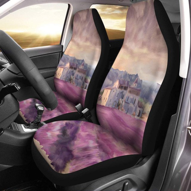 ABPHQTO Juego de 2 fundas de asiento de coche púrpura Francia campo de lavanda en Provenza pintura de acuarela francés Universal Auto asientos delanteros Protector se adapta