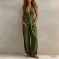 thumbnail image 5 of Tqcoqu Women's Halter Deep V Neck Rompers,Elastic Waist Wide Leg Linen Blend Jumpsuit with Pockets,Army Green Women's S-XXXL, 5 of 8