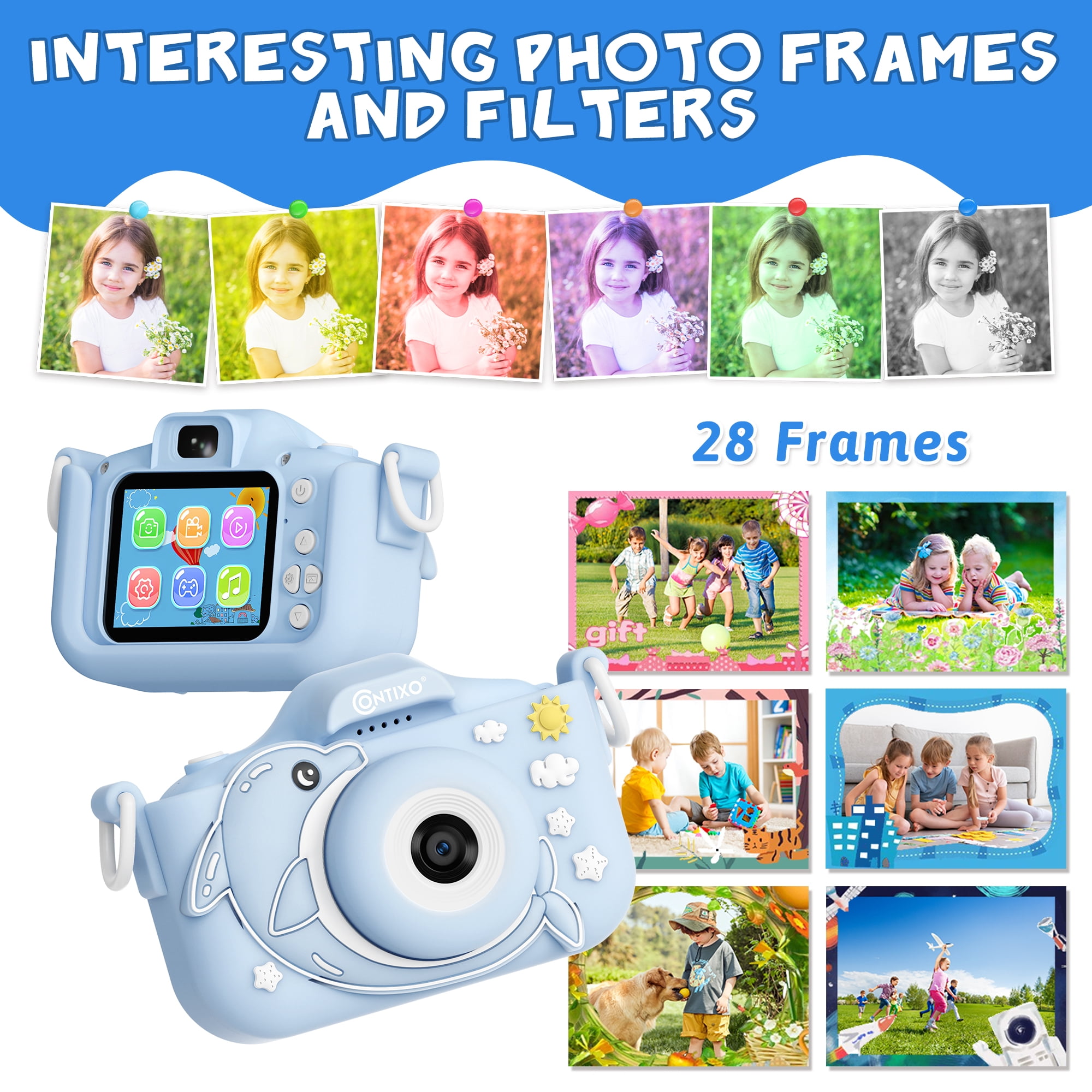 Contixo Kids Camera, Educational Dual Lens Camera with Carry Case and 32 GB SD Card, Blue