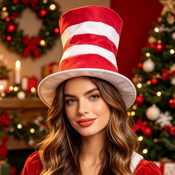 Joduyoii Red And White Striped Tall Top Hat Accessory, Flat High Hat for Stage Performance Themed Party Costume Christmas Halloween