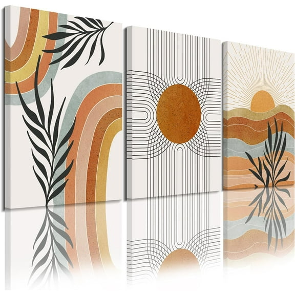 Boho Wall Art Prints - Minimalist Boho Framed Wall Decor, Orange Sunrise On Mountains, Bohemia Poster, Leaf Prints, Ready to Hang Home Wall Decor Canvas Wall Art, Bedroom Decor, Bathroom Wall Decor