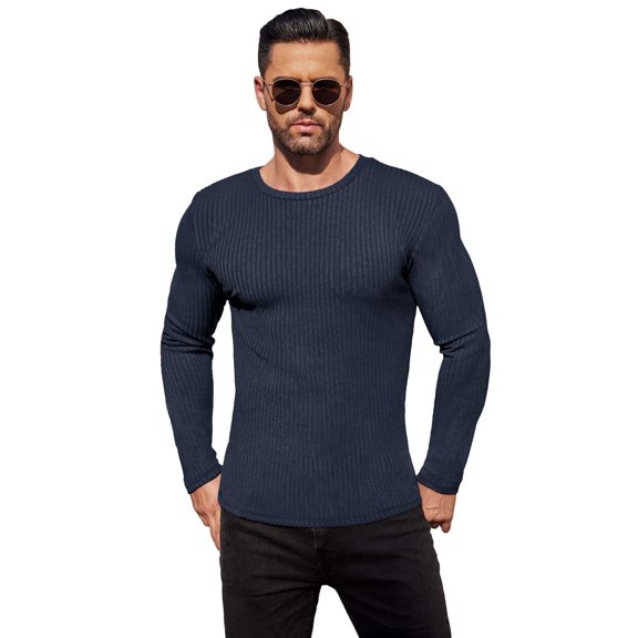 Ekouaer Long Sleeves Sweater for Men Ribbed Shirts Round Neck Tops Warm Thermal Blouse Soft Lightweight Undershirts