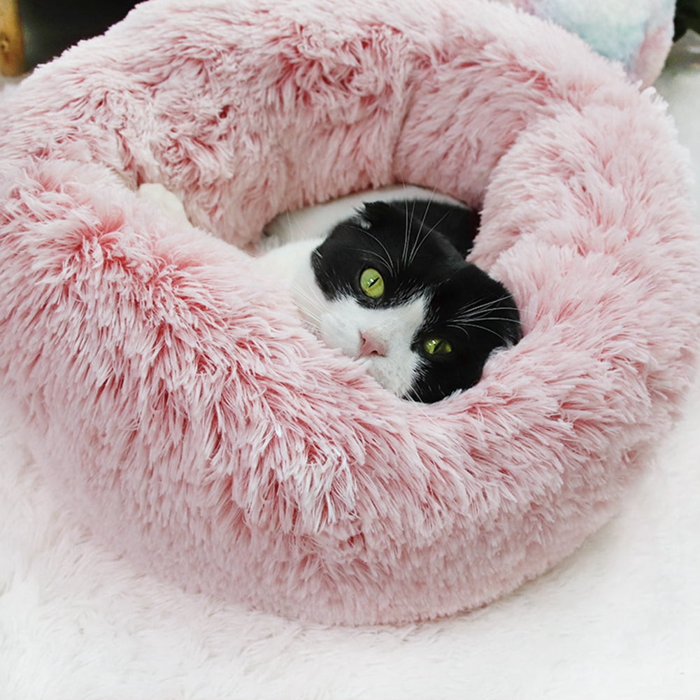 Faux Fur Dog Beds for Medium Small Dogs Self Warming Indoor Round Pillow Cuddler Pink & Tan Donut Cat Bed 