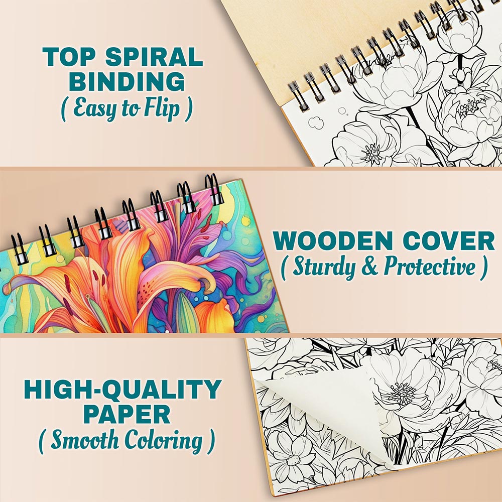 Netecom Bloom Coloring Book Spiral Bound For Adults, A5 Wooden Cover, 30 Beautiful Coloring Pages of Flourishing Flowers for Stress Relief and Relaxation