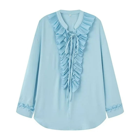 Oplxuo Women's Boho Ruffle Trim Tie Front Top Chiffon Shirt Long Sleeve Chifffon Blouse Tunic Tops
