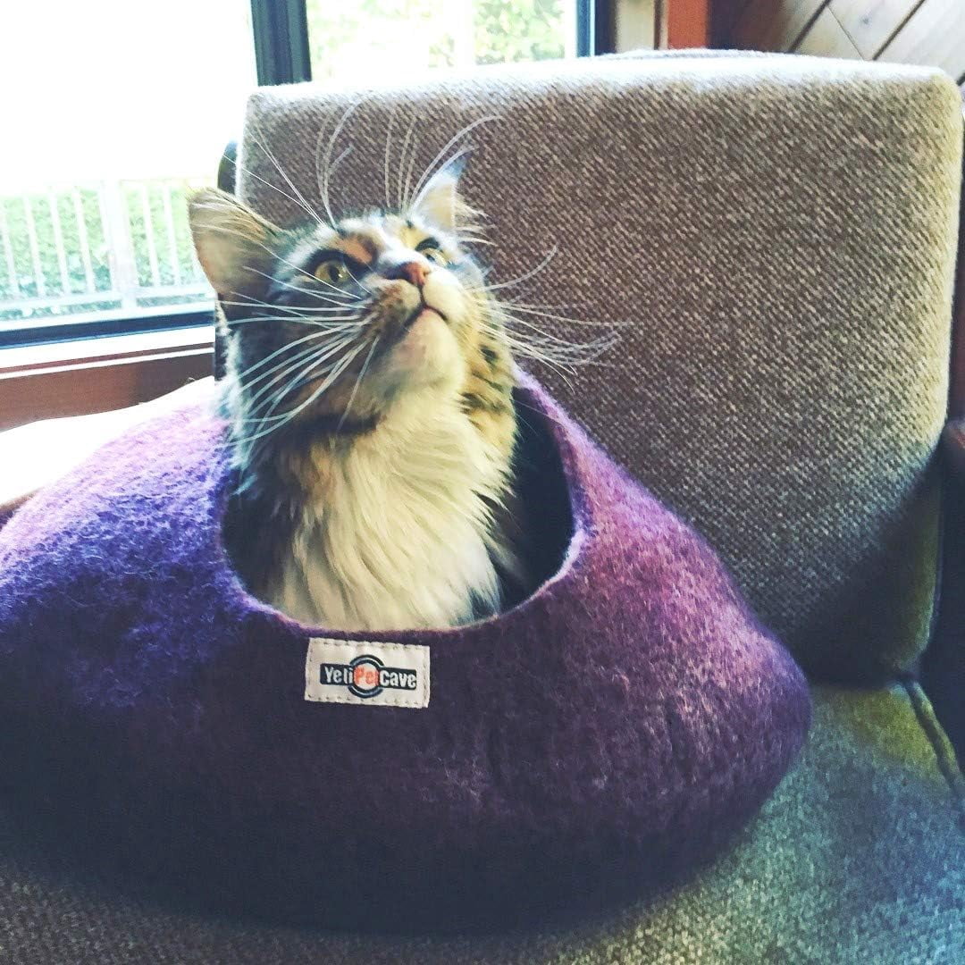 Yeti Pet Cave Bed for Cats, Dogs and Other Small Pets or Critters, 100% New Zealand Wool, Purple, 1 Count