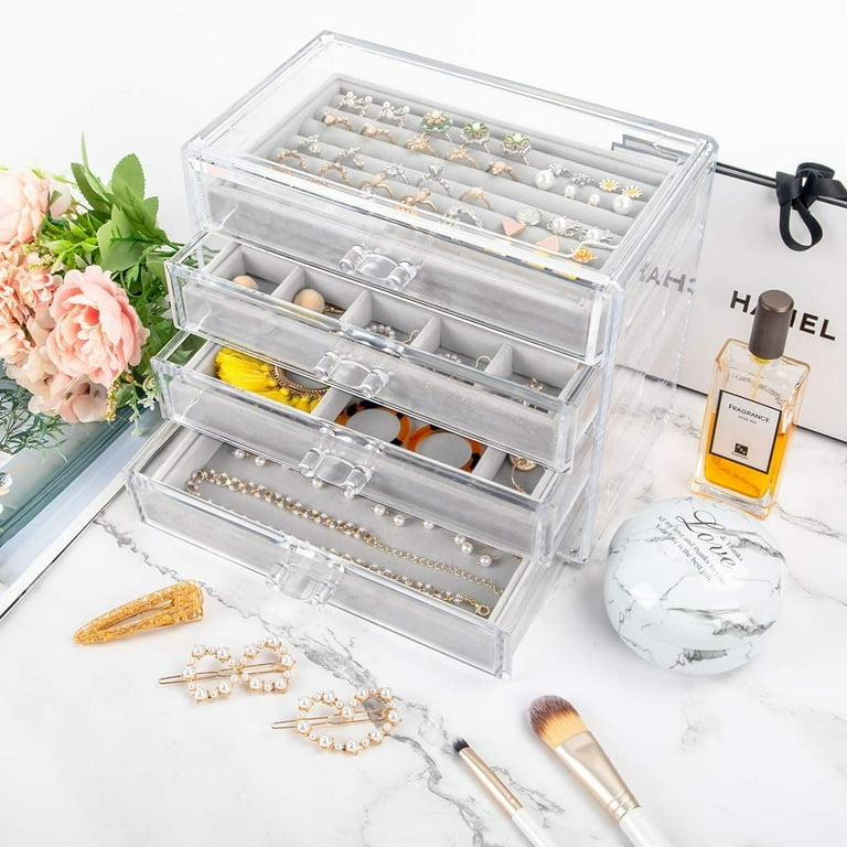 Weiai Acrylic Jewelry Organizer, Clear Jewelry Box with 4 Drawers, Jewelry  Case Storage for Women (Gray)