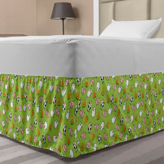 Cattle Bed Skirt, Green Background with Cartoon Cattle Animals as Sheep Pig Chicken Rooster and Cow, Elastic Bedskirt Dust Ruffle Wrap Around for Bedding Decor, 4 Sizes, Multicolor, by Ambesonne
