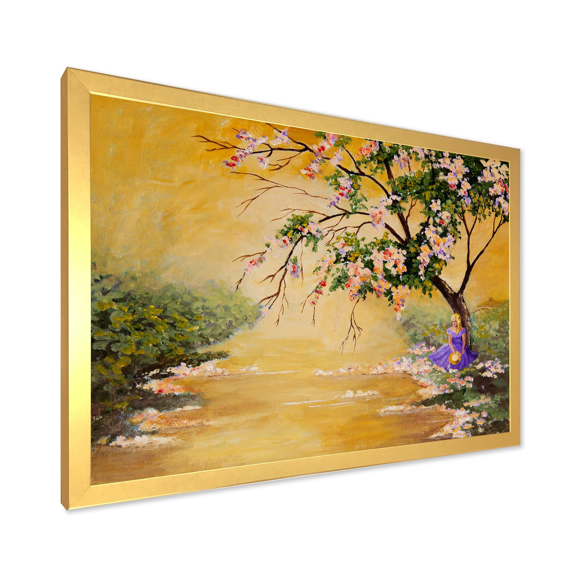 Beautiful Girl Standing By The Flowering Tree 20 in x 12 in Framed Painting Canvas Art Print, by Designart