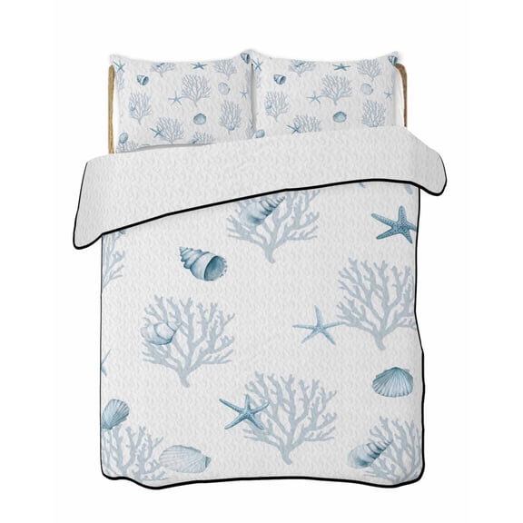 Full Size Quilt Bedding Set, Ocean Blue Coral Reversible Summer Quilt 3 Pieces, Summer Coastal Starfish Conch Nautical Lightweight Bedspreads Coverlets with 2 Pillow Shams for All Seasons