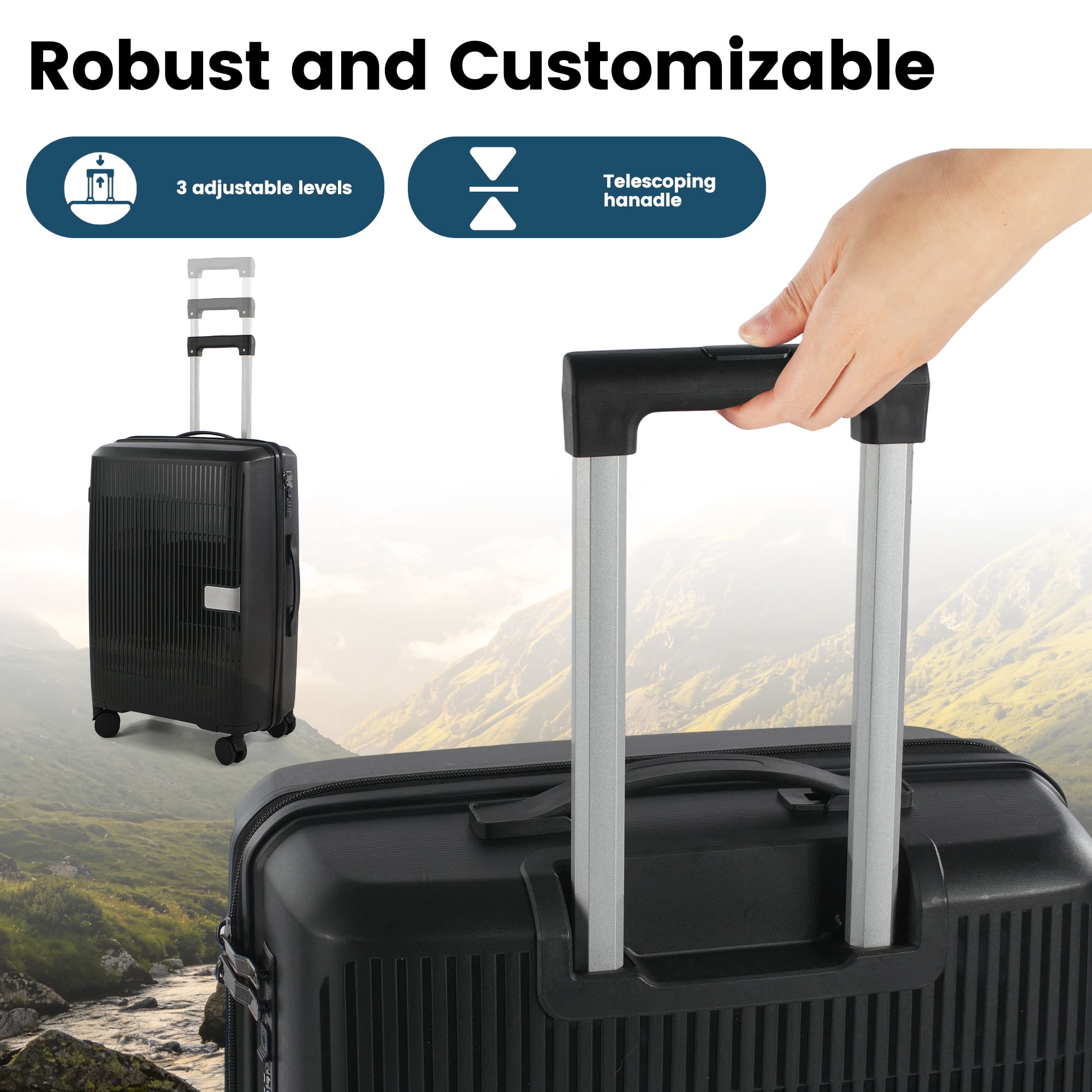 Travelhouse 3 Piece Checked Hard Shell Luggage Set Lightweight Suitcase with Lock and Spinner Wheels,Black