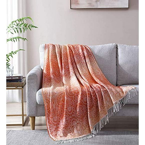 Woven Throw Blanket Orange Floral Medallion Super Soft Lightweight Blanket for Sofa Couch Decoration Throw, 50" x 70"